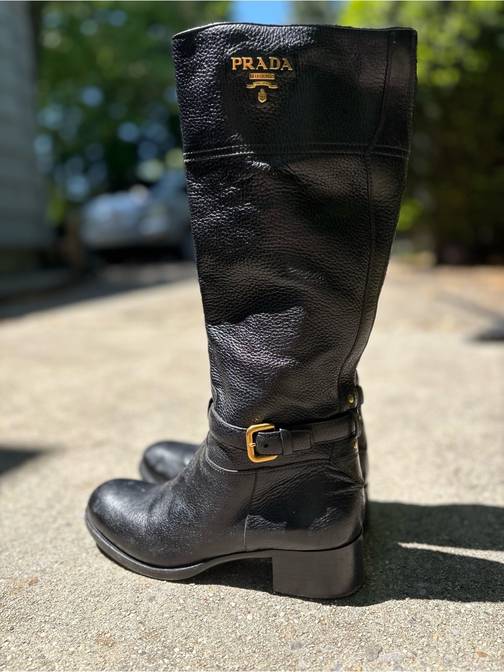 Vintage Mint PRADA Cervo Logo Mid-Calf Riding Boots, Gold Accents, Italy